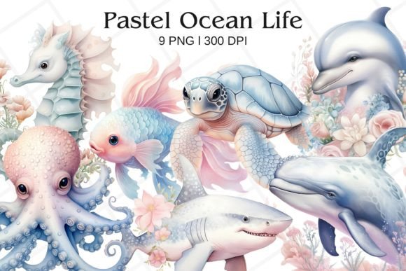 Download Pastel Ocean Life Watercolor Clipart - Ocean life Collection